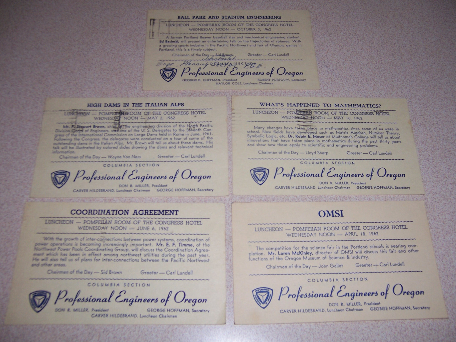 1962 PROFESSIONAL ENGINEERS of OREGON LECTURES, CONGRESS HOTEL PORTLAND PC. LOT