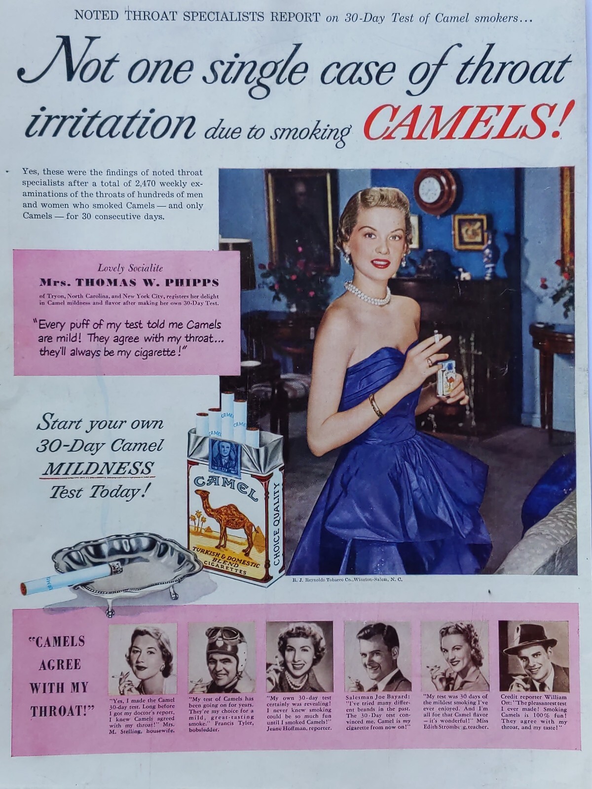 1950 vintage camel cigarettes print ad. Camels agree with my throat