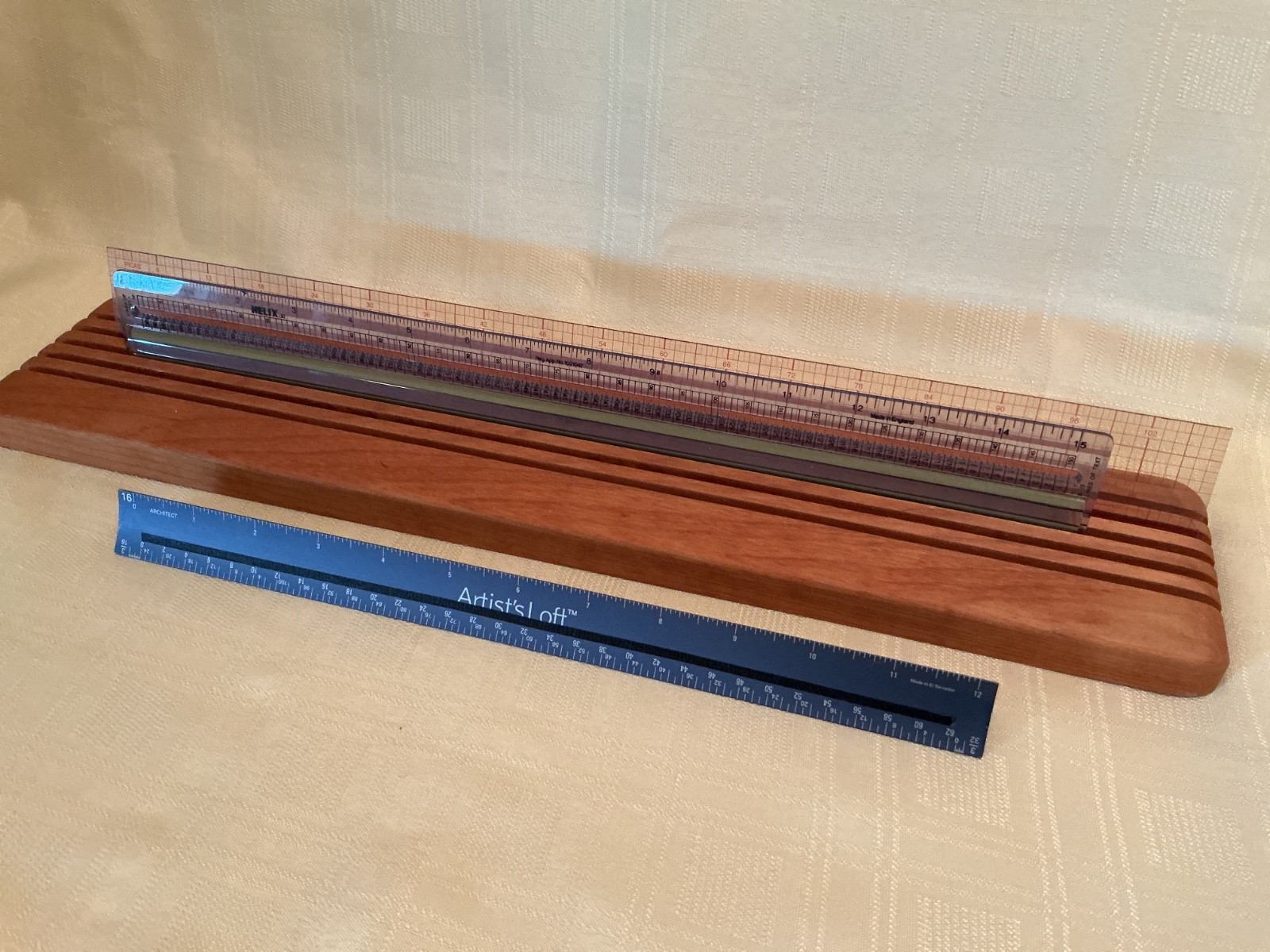 RULER RACK Stand  19” X 4" Holds Five Rulers Made in US Wood + 3 Rulers