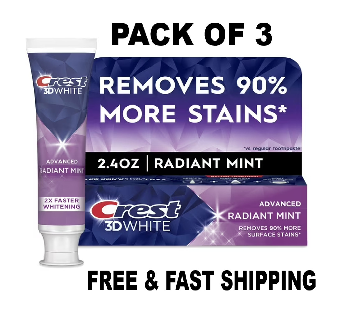 Crest 3D White Advanced Teeth Whitening Toothpaste, Radiant Mint, 2.4 oz( 3 PACK