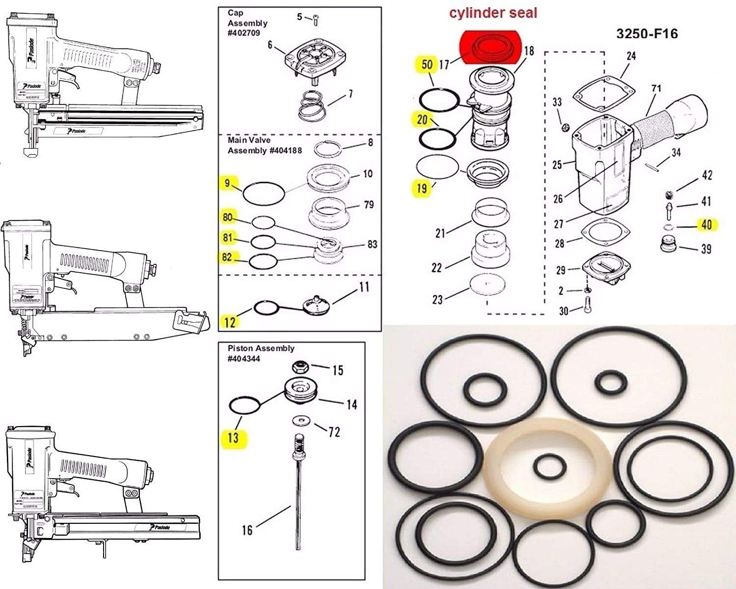 O-Ring Rebuild Kit for Paslode 3250 F16 Finish Nailer With Cylinder Seal
