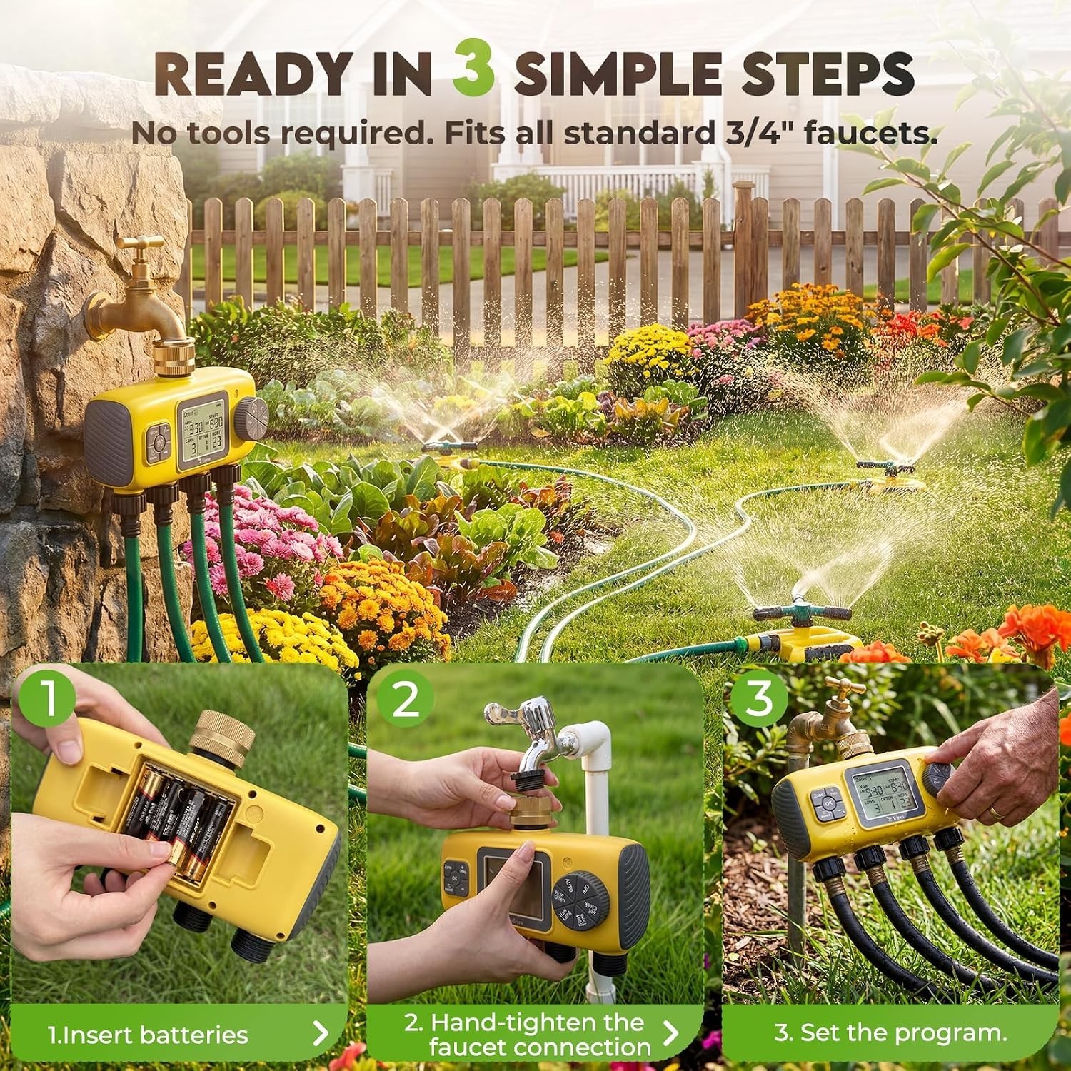 4-Zone Programmable Digital Smart Water Timer w/ Brass Inlet, Rain Delay, Anti-R