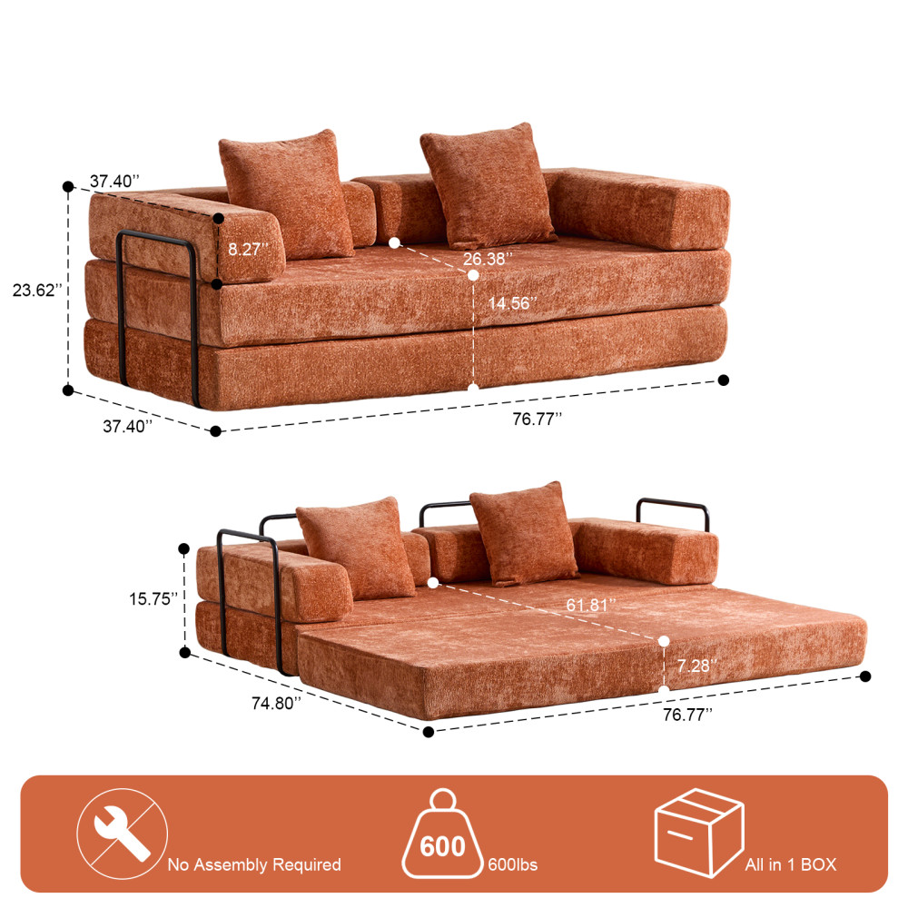 Chenille Fabric Futon Sofa Bed 3-Seater with Memory Foam Convertible