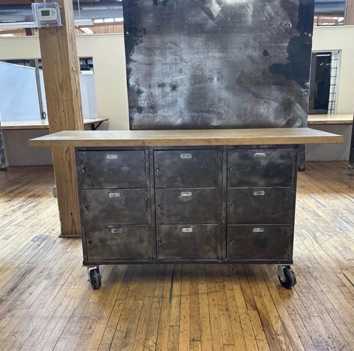 Mobile Work Bench with Steel Storage Drawers, Wheels, Wood & Metal