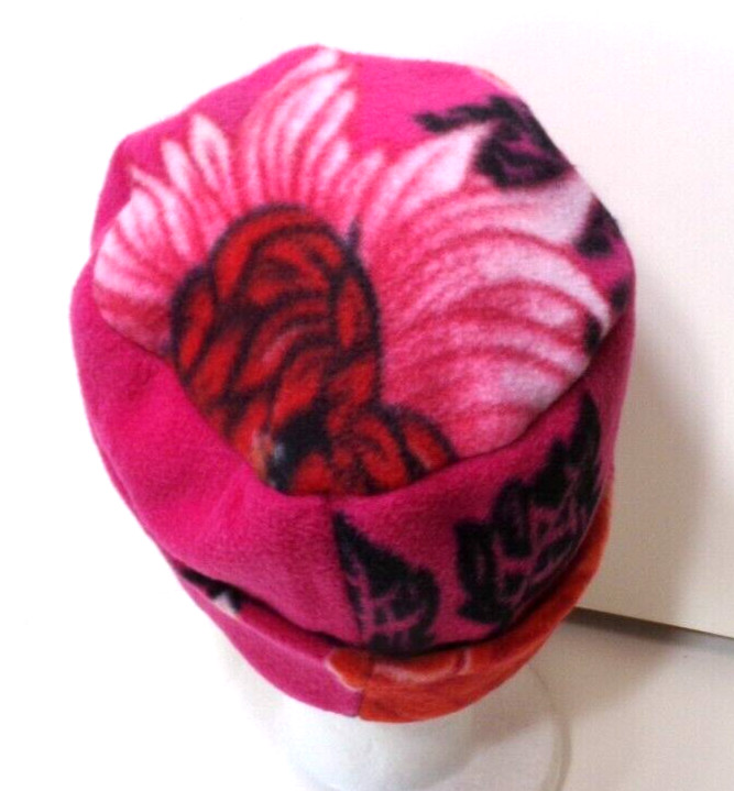 PINK W/ FLOWERS    FLEECE ROLLED BRIM WINTER HAT  STRETCHY WARM  h88cr