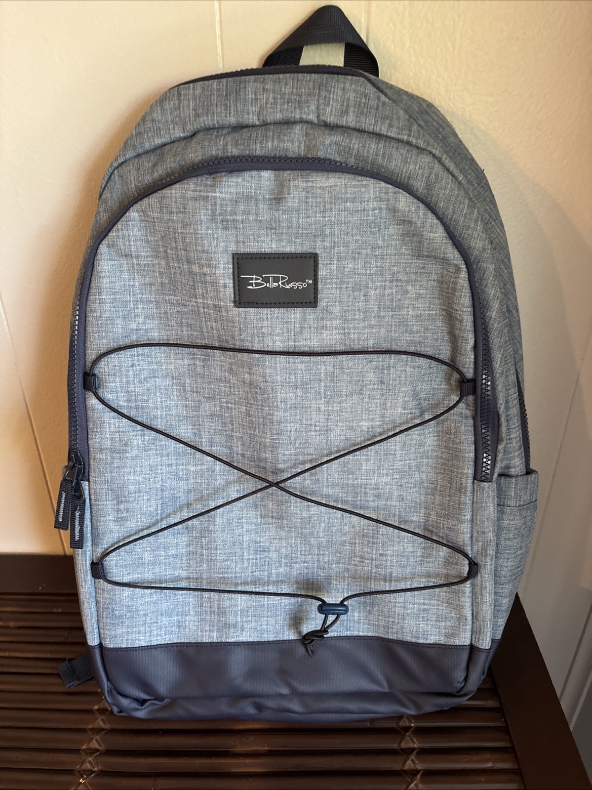 New Bella Russo Insulated Backpack Blue Corded Front 18.75”   Side Pockets   New