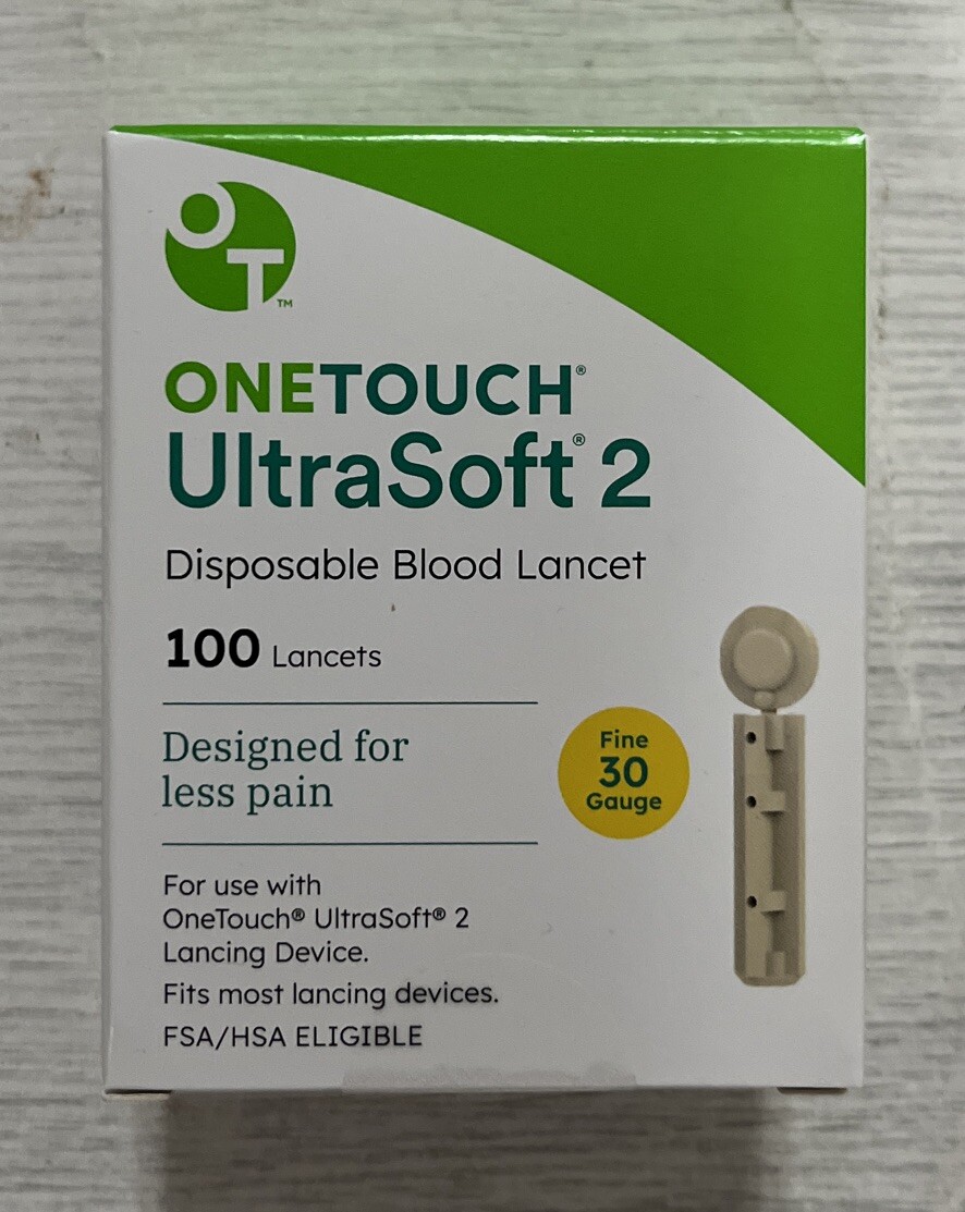 ONE TOUCH UltraSoft 2 100 Disposable Lancets, Less Pain Fine 30 Gauge, Exp 07/28
