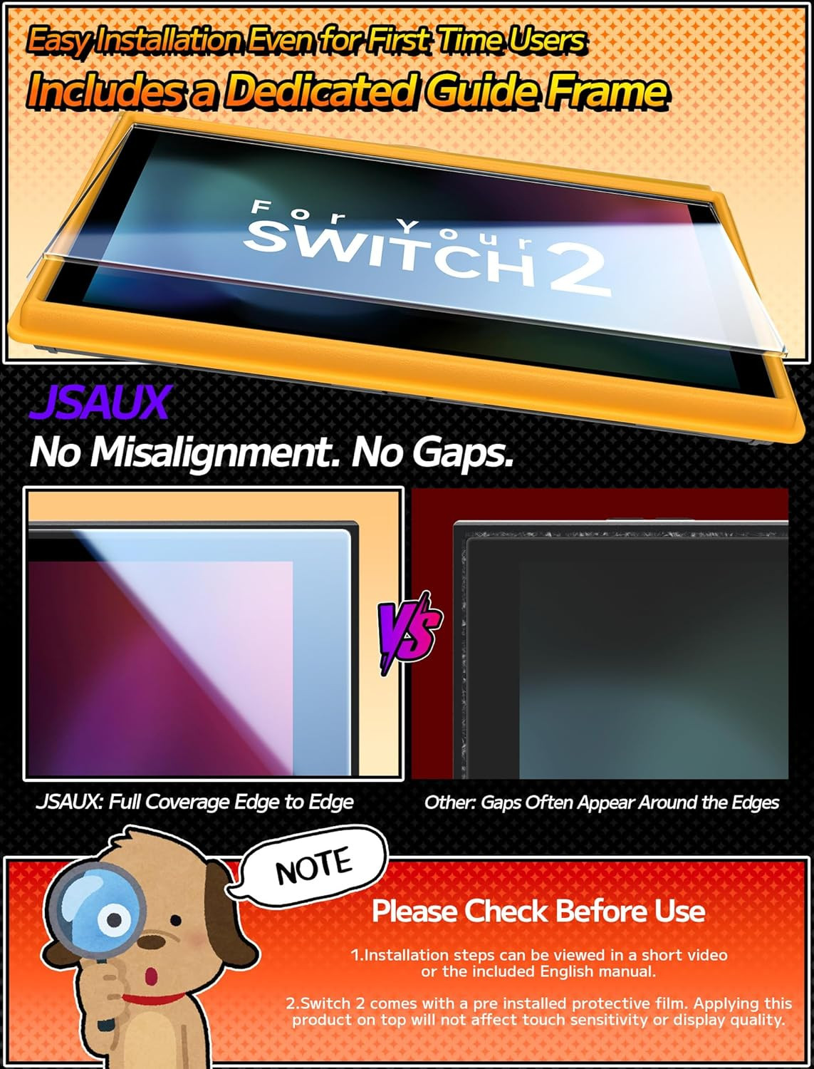 JSAUX 3-Pack Tempered Glass Screen Protector for Nintendo Switch 2 (2025), Easy