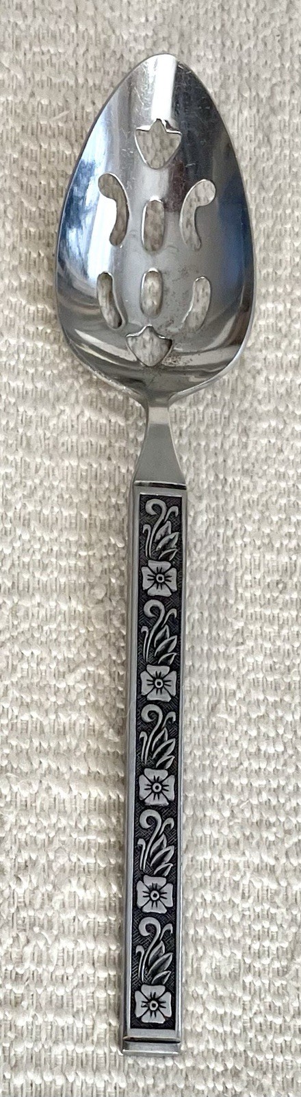 Pierced Serving Spoon Gold Standard NIGHT BLOSSOM Stainless MCM Black Accent