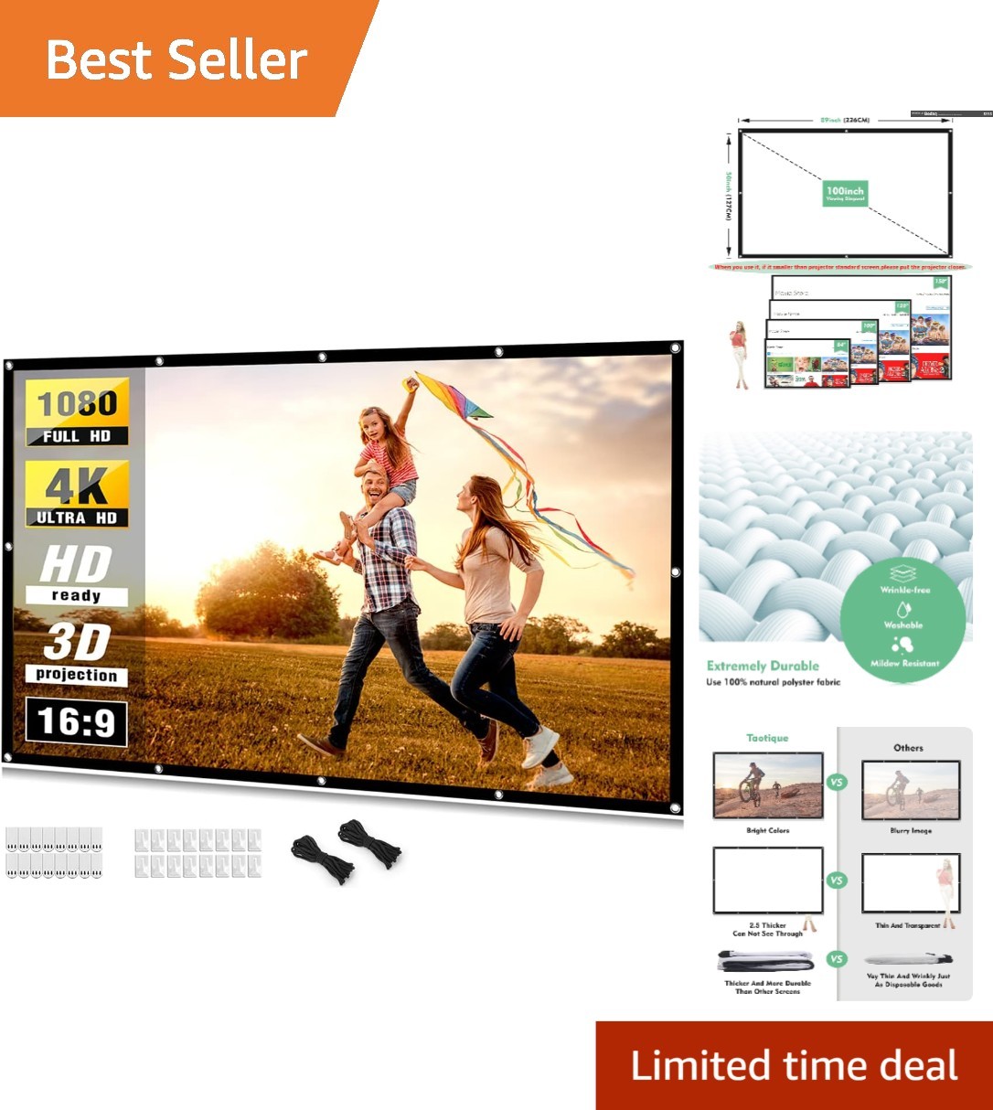 Versatile 100-Inch HD Projector Screen - Ideal for Home Theaters & Presentations