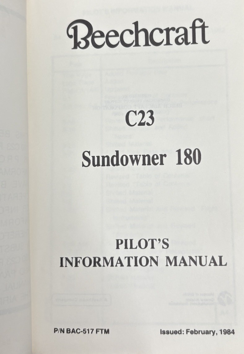 Beechcraft C23 Sundowner 180 Pilots Manual BAC 517 FTM 1984 Aircraft