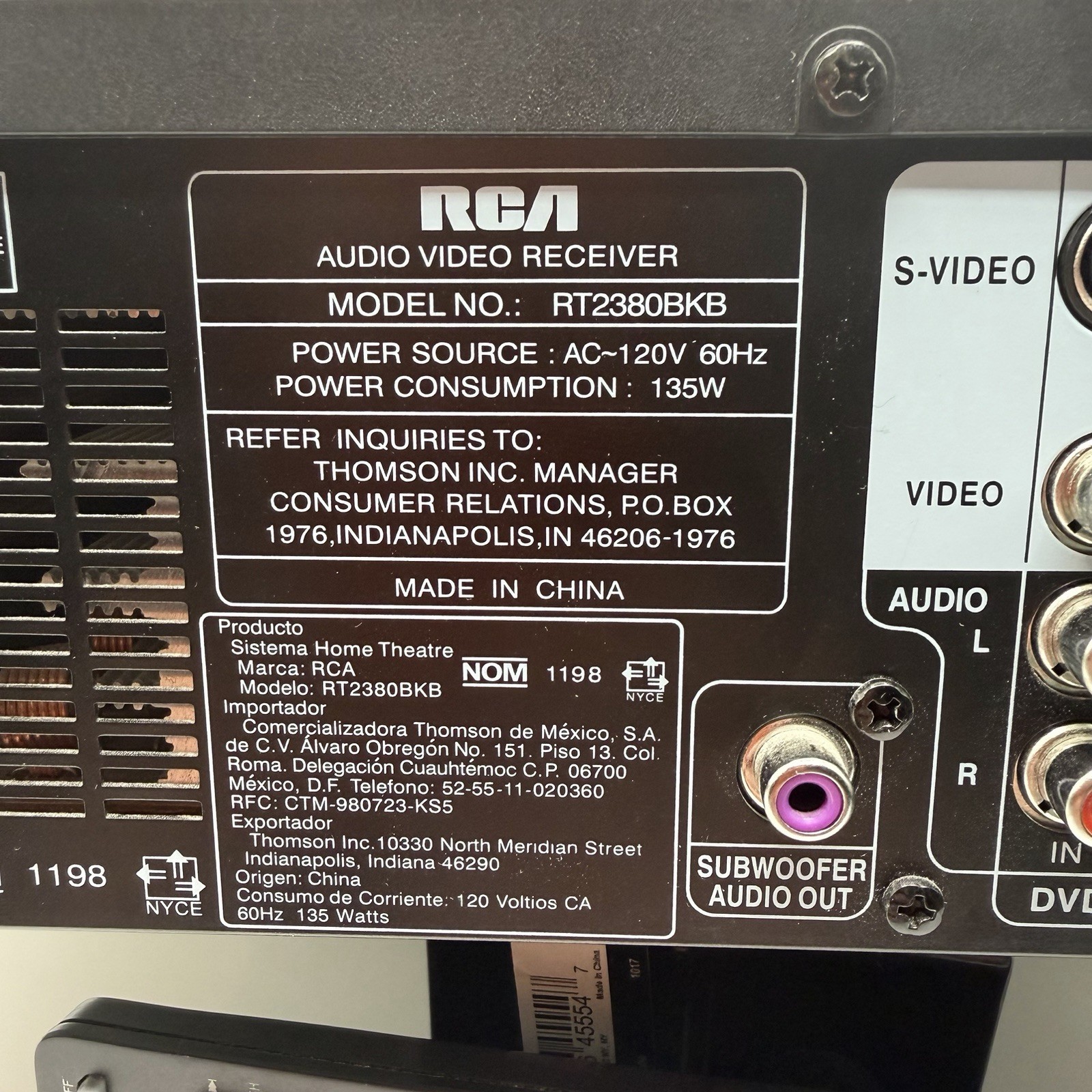 RCA Audio Video Receiver ForHome Theater System RT2380BKB W Remote Untested READ