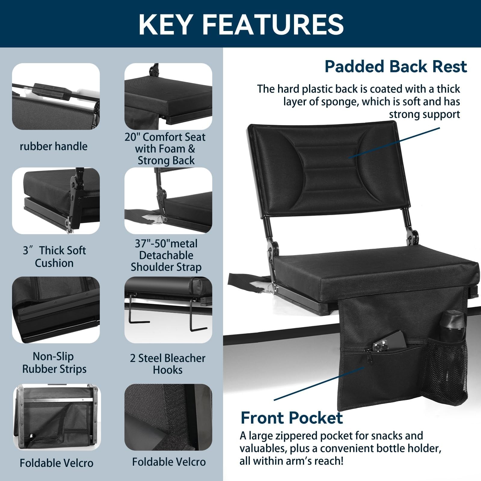 Extra Wide Stadium Seat with Back Support | Adjustable High Back & Thick Padd...