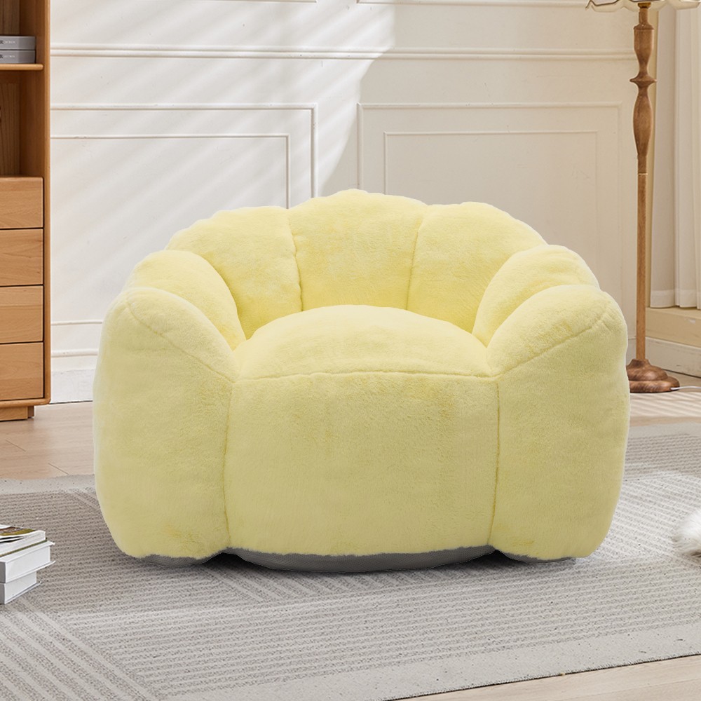 Faux Fur Bean Bag Sofa Chair Yellow Adult Foam Lounger w/ Pull Ring, No Assembly