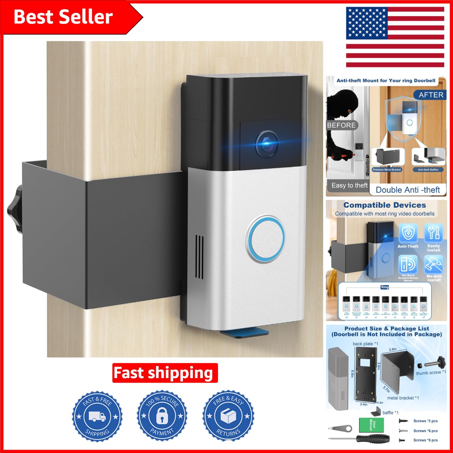 Anti-Theft Video Doorbell Mount for Easy Installation - Fits Ring Models