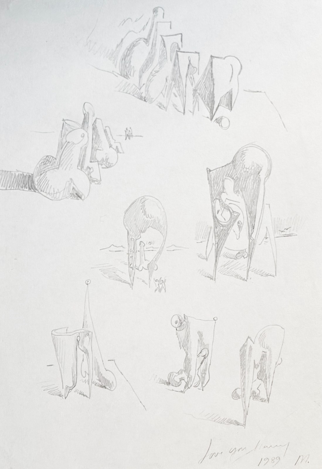 Miriam Slater whimsical pencil drawing of surreal forms 1989