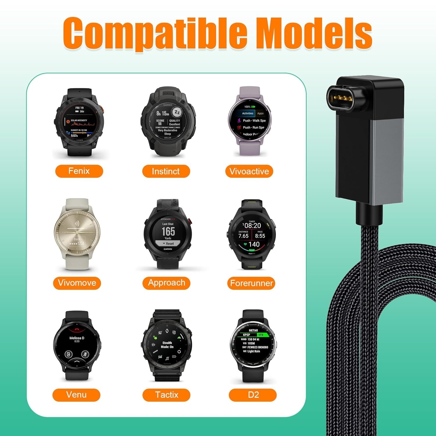1.5ft Charger for Garmin Watch, L-Shape Zero Gap Charging Cable for Fenix, Fo...