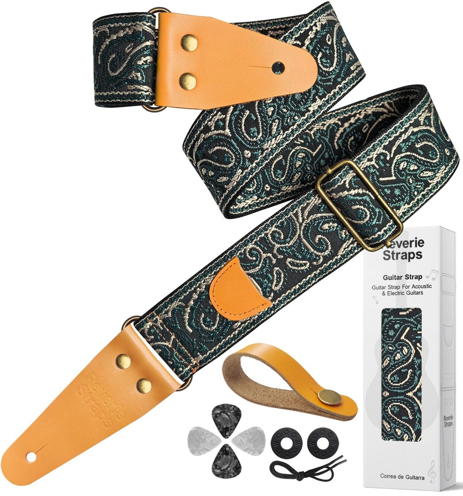 63 Inch Guitar Strap, Vintage Paisley Jacquard Woven Adjustable Strap with Ge...