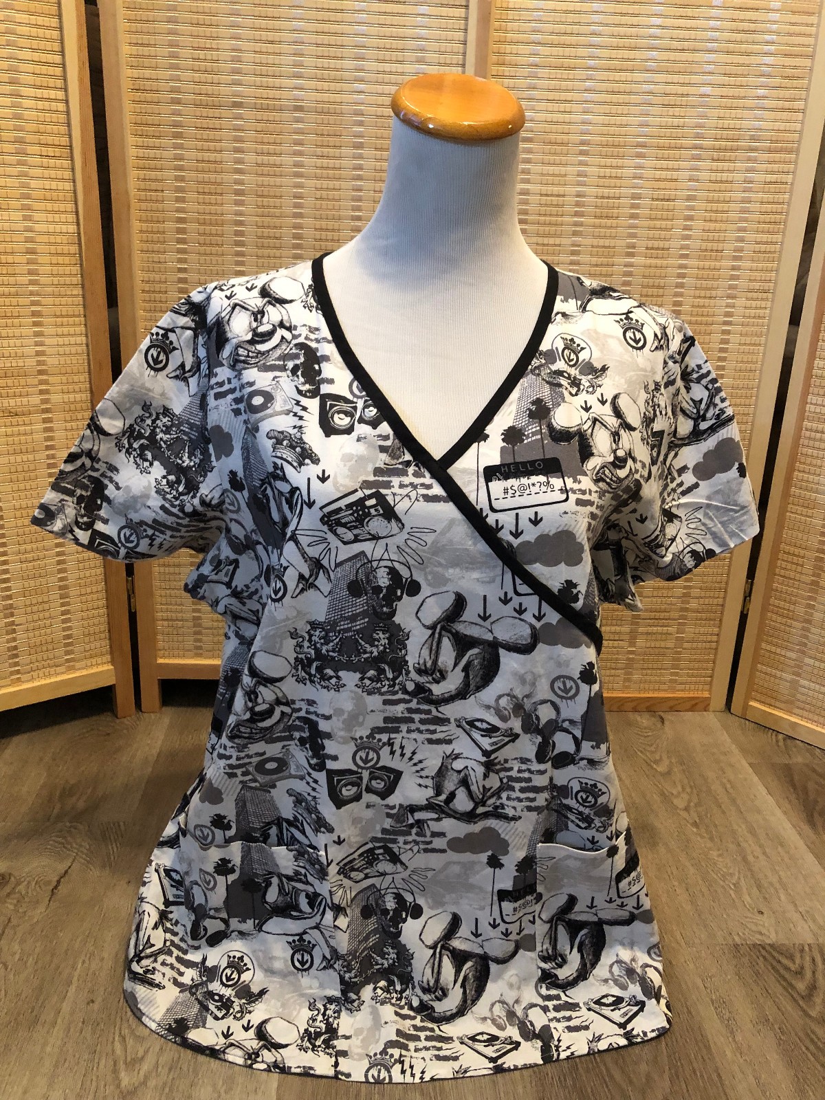 Scrub Top Cartoon Mickey Mouse Donald Duck as Gangsters Ghetto Black White Large
