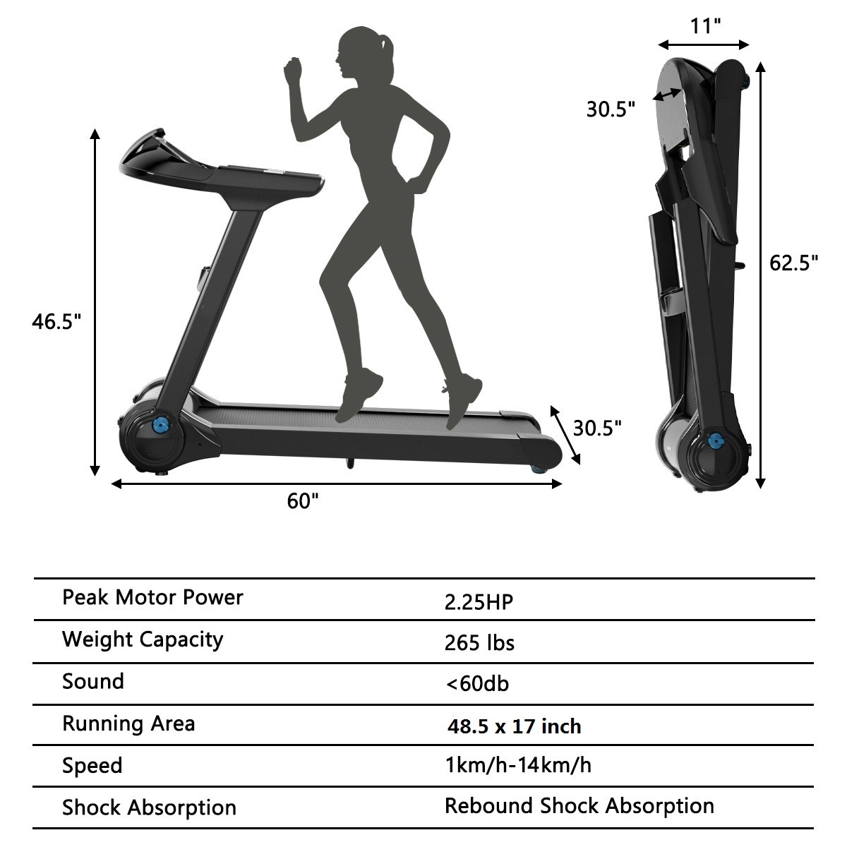 2.25HP Electric Folding Fitness Treadmill w/APP Heart Rate