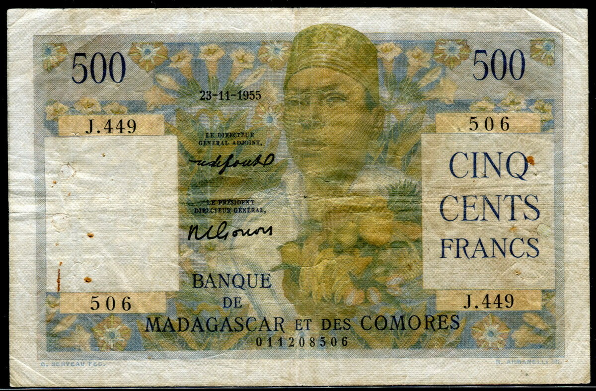 Madagascar 1950-1958 ( 1955 ), 500 Francs, P47, Fine