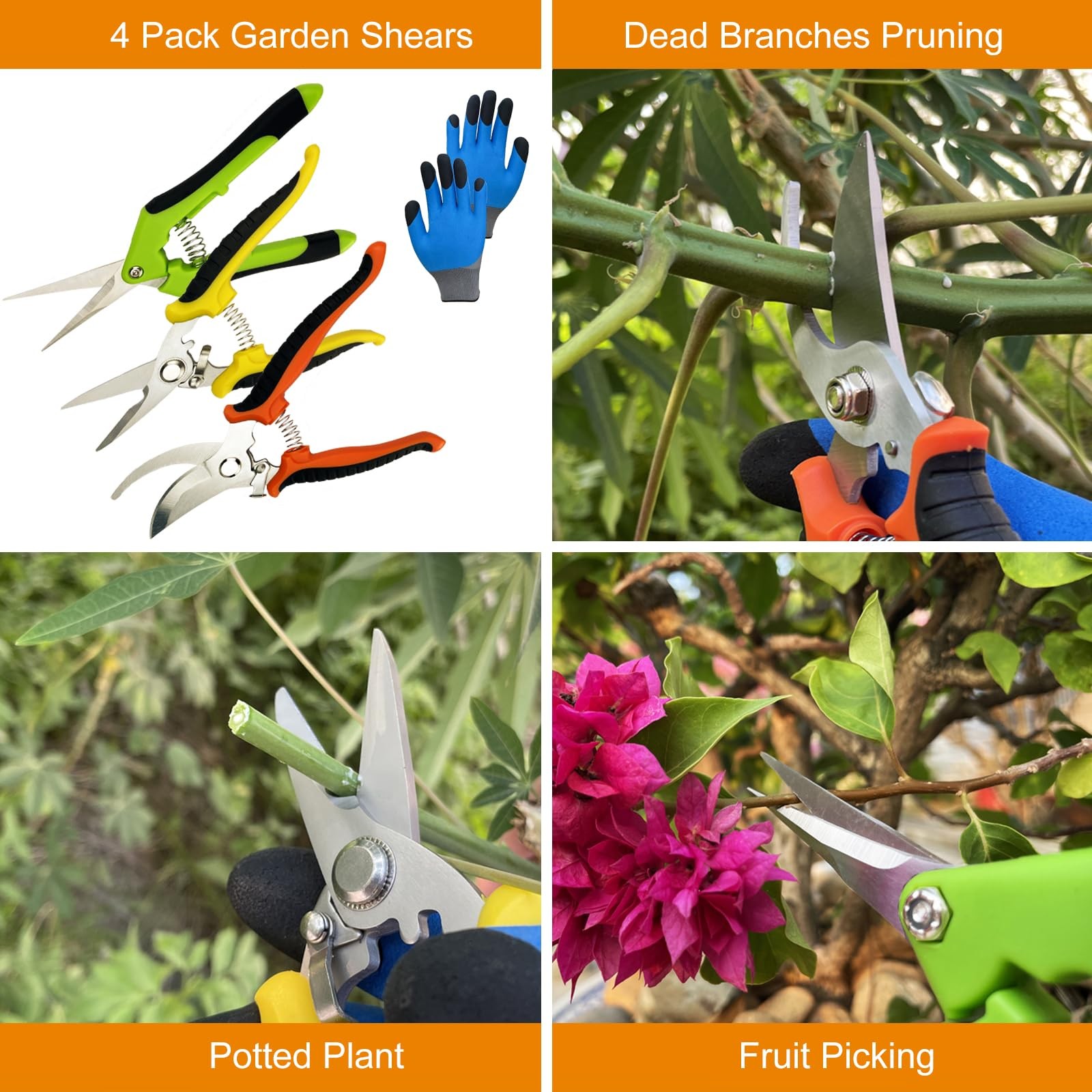 Pruning Shears, 4 Pack Garden Shears with Medium, Orange, Yellow, Green
