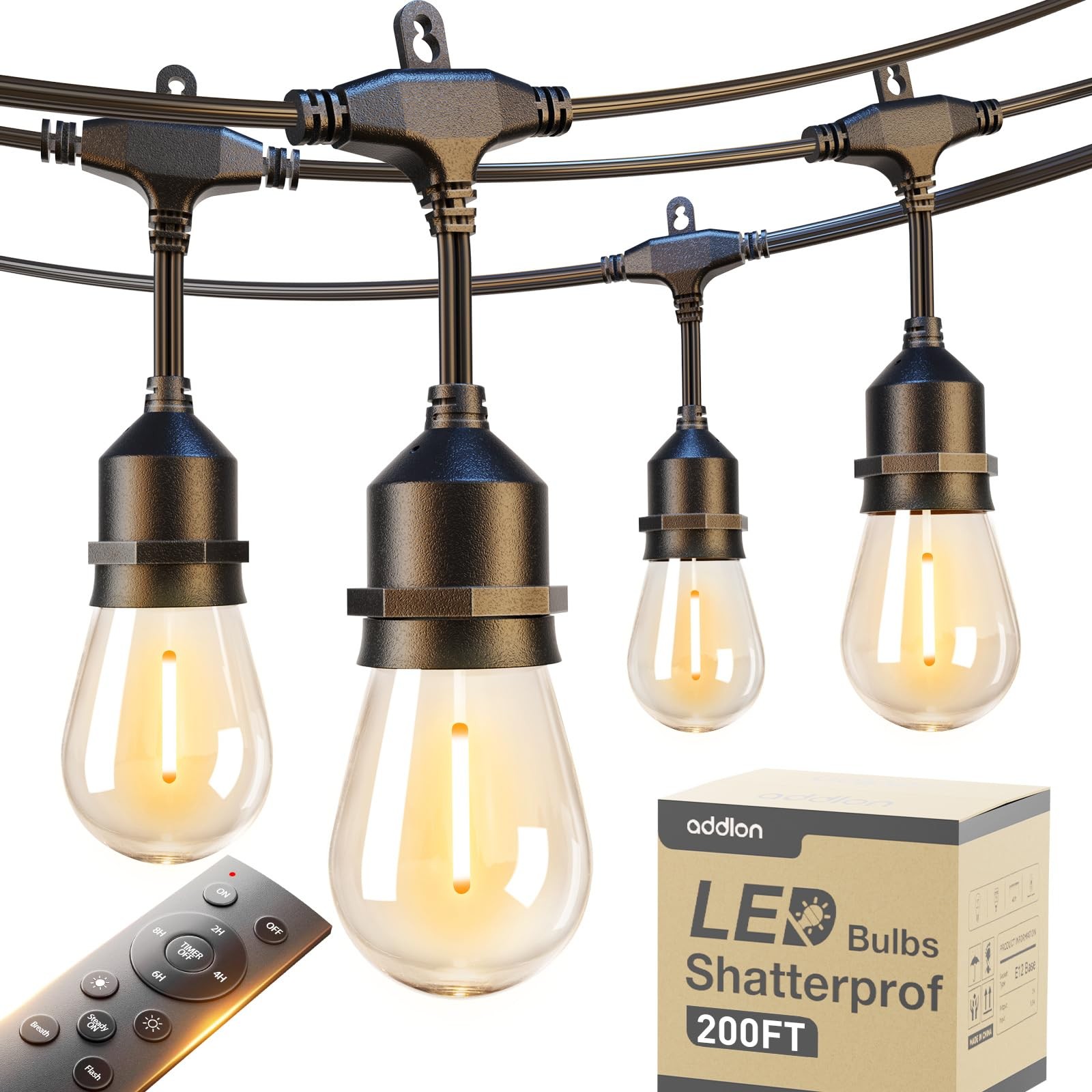 Outdoor String Lights 200FT LED Waterproof Remote Dimmable Edison Bulb addlon