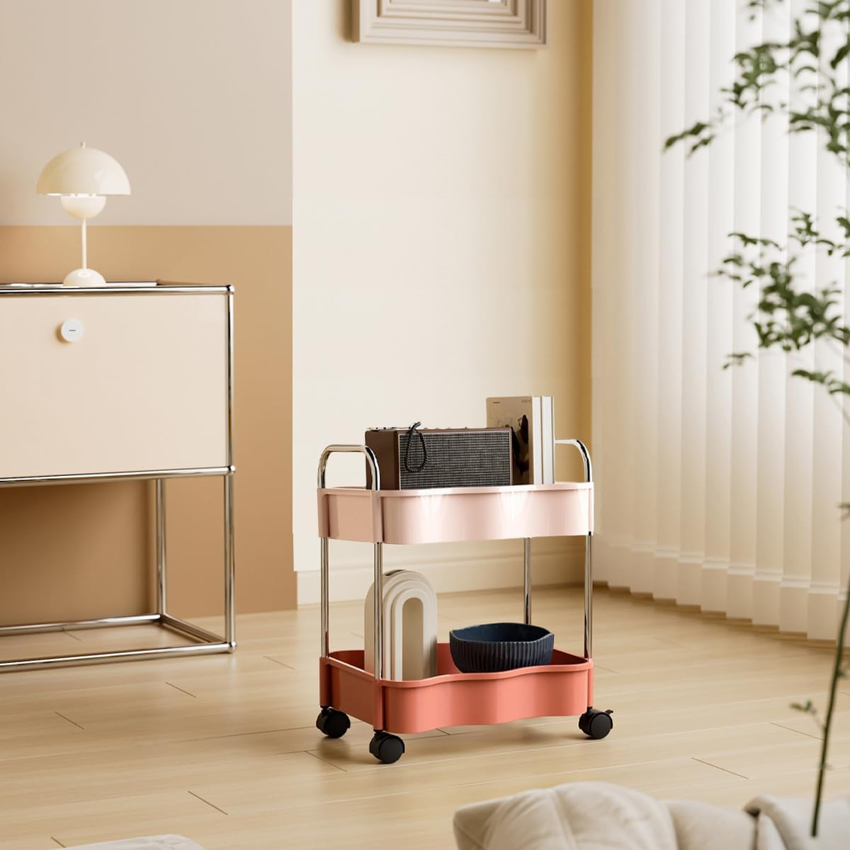 2 Tier Utility Rolling Cart with Wheels under Desk Storage Cart Organizer with H