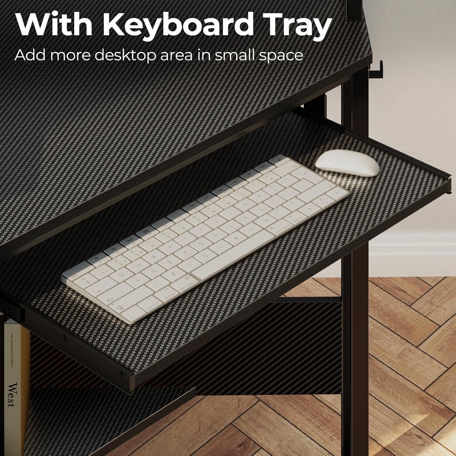 Corner Desk Small Carbon Fiber Computer Desk with Power Outlets LED Lights Black