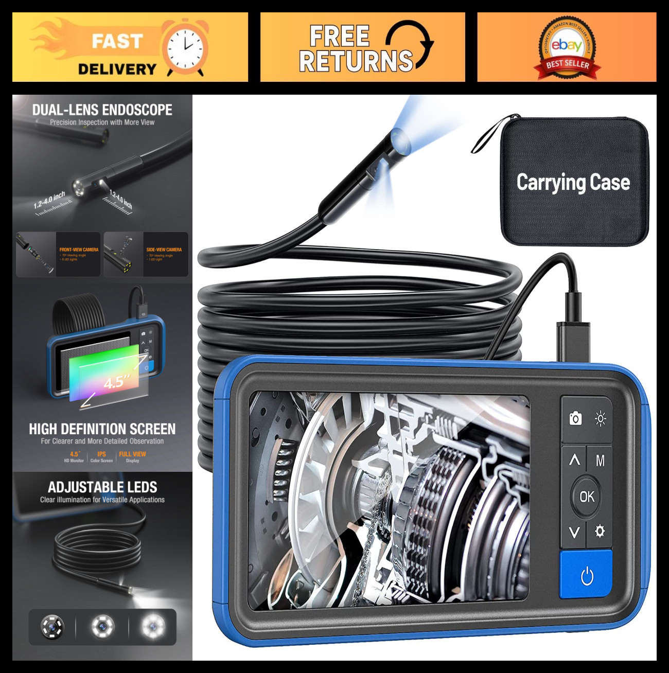 Dual Lens Endoscope with Light - 16.5ft Snake Cable, 4.5" IPS Screen, 2.0MP HD,