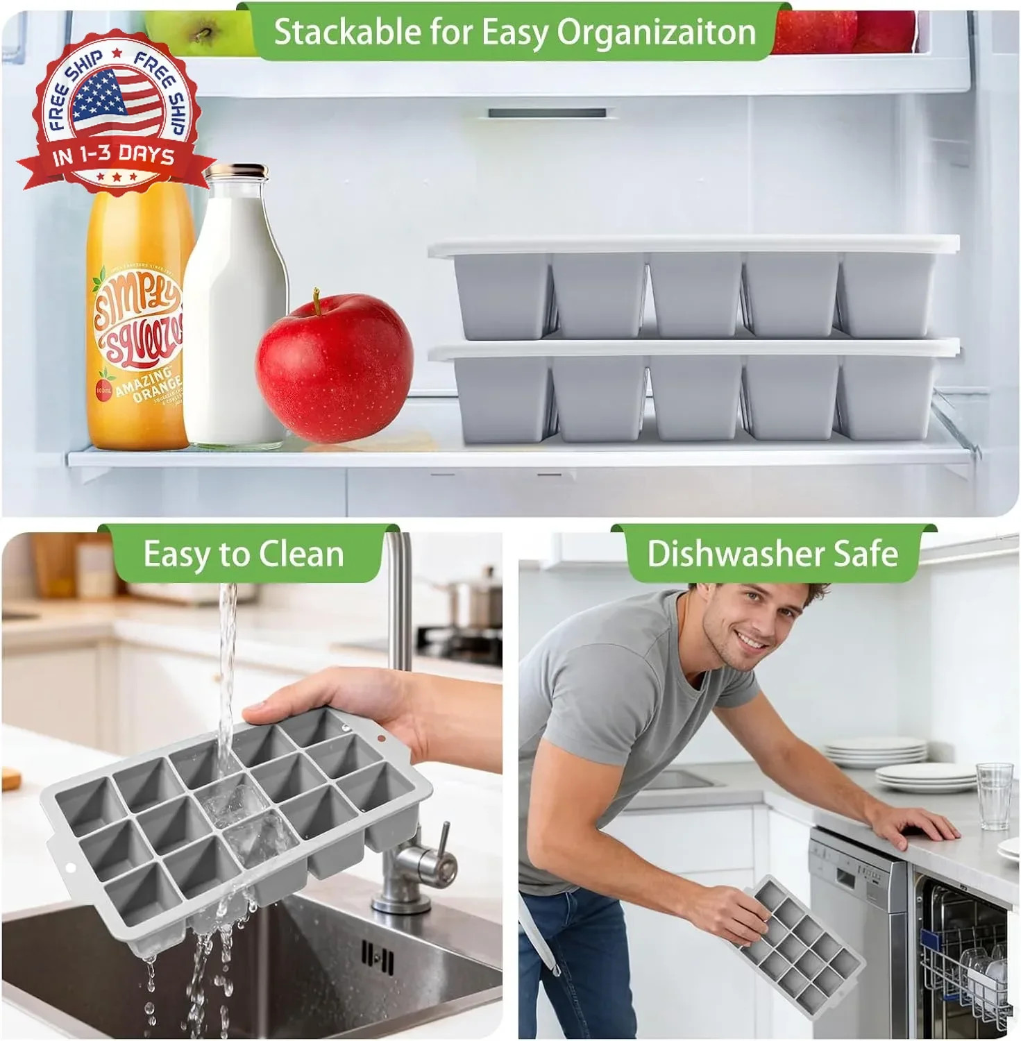 Silicone Ice Cube Tray with Locks Lids 4 Pack, Easy Release Flexible 15 Square I