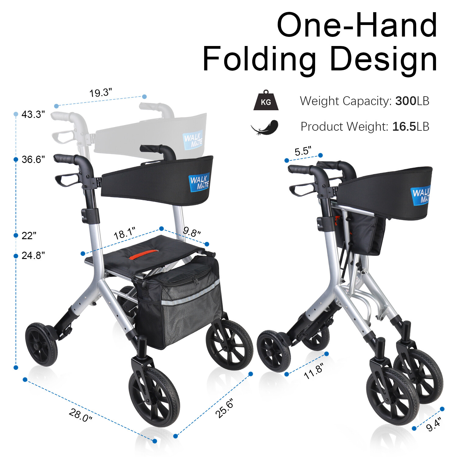 Walk Mate Rollator Pro Walker for Seniors Taller 5~7ft W/ Height-Adjustable Seat