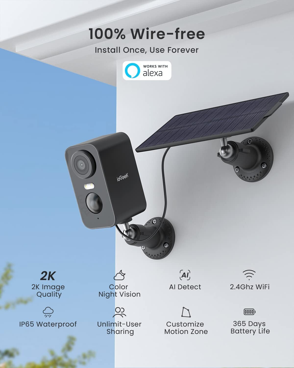 ieGeek Outdoor Wireless Solar Security Camera 2K WiFi Home Battery CCTV System