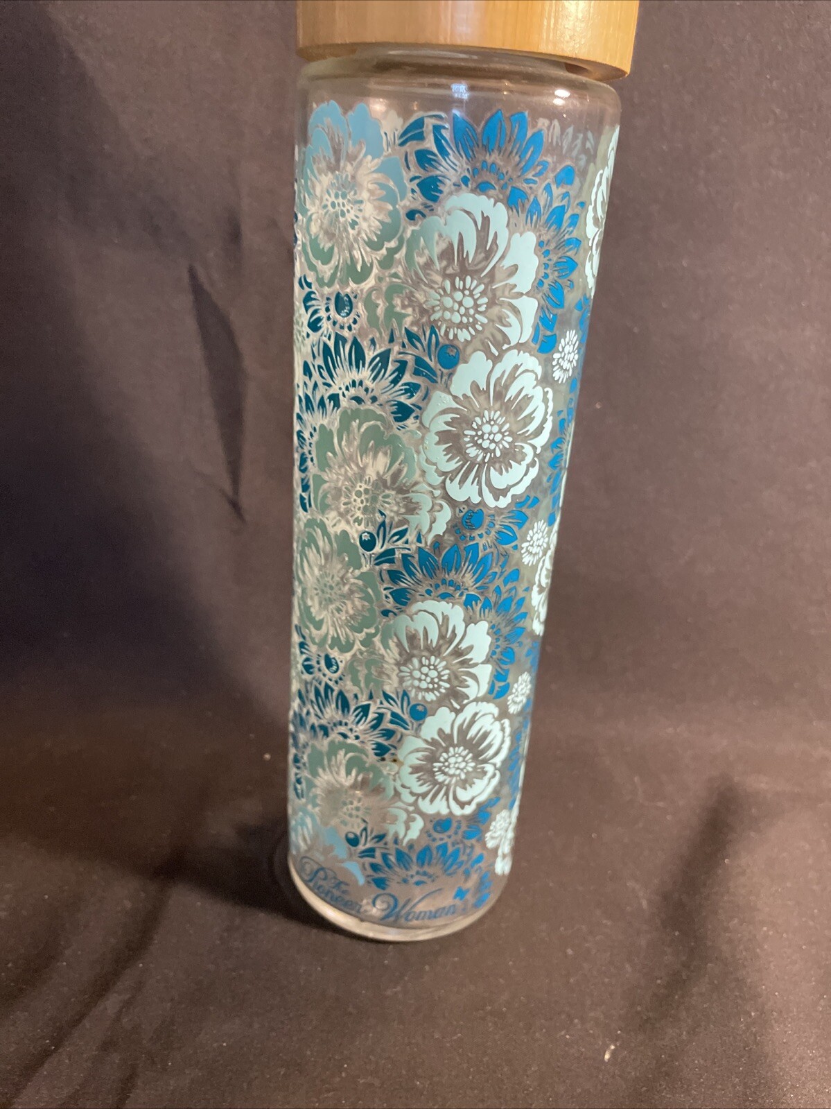 Pioneer Woman 20oz Glass Water Bottle Blue Floral Bamboo EUC