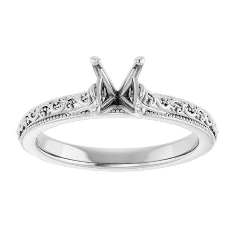 925 Sterling Silver 4mm Round Semi Mount Ring Vintage Filigree Solitaire Ring