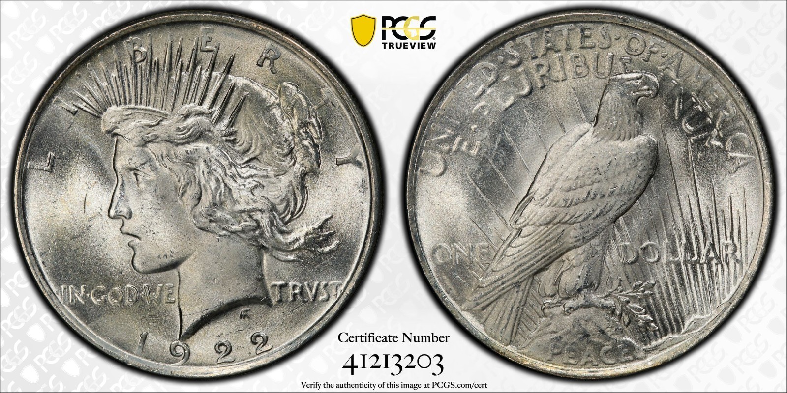 1922 PCGS MS63 Top 50 VAM-7 Doubled Wing Peace Silver Dollar with Gold Shield