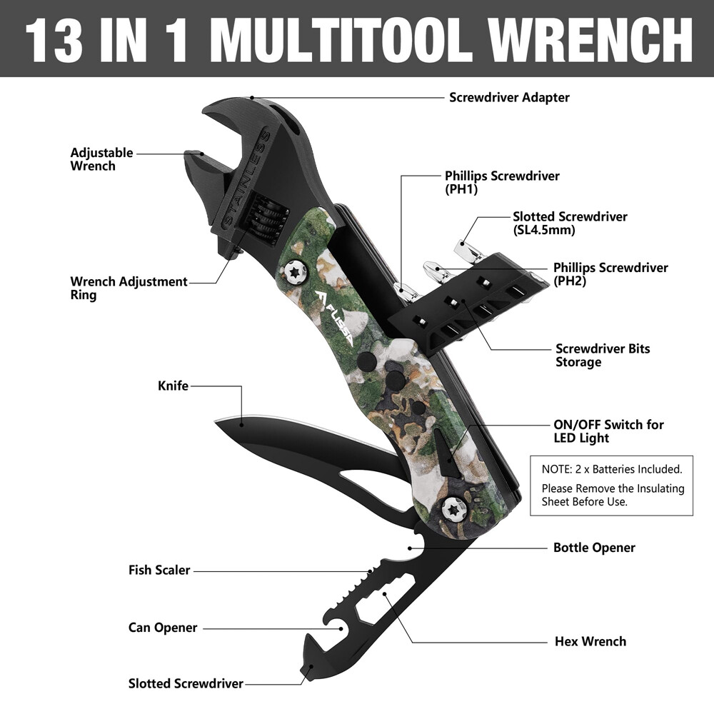 FLISSA 13-in-1 Multi Tool Wrench Pocket Knife Multitool Multi Use Tool Wrench US