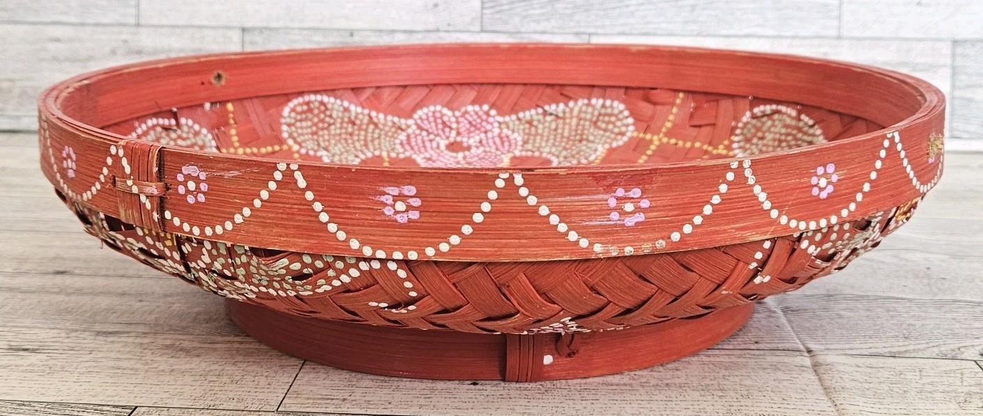 Anthropologie Woven Wicker Basket Boho Dot Art Fruit Basket Wall Art