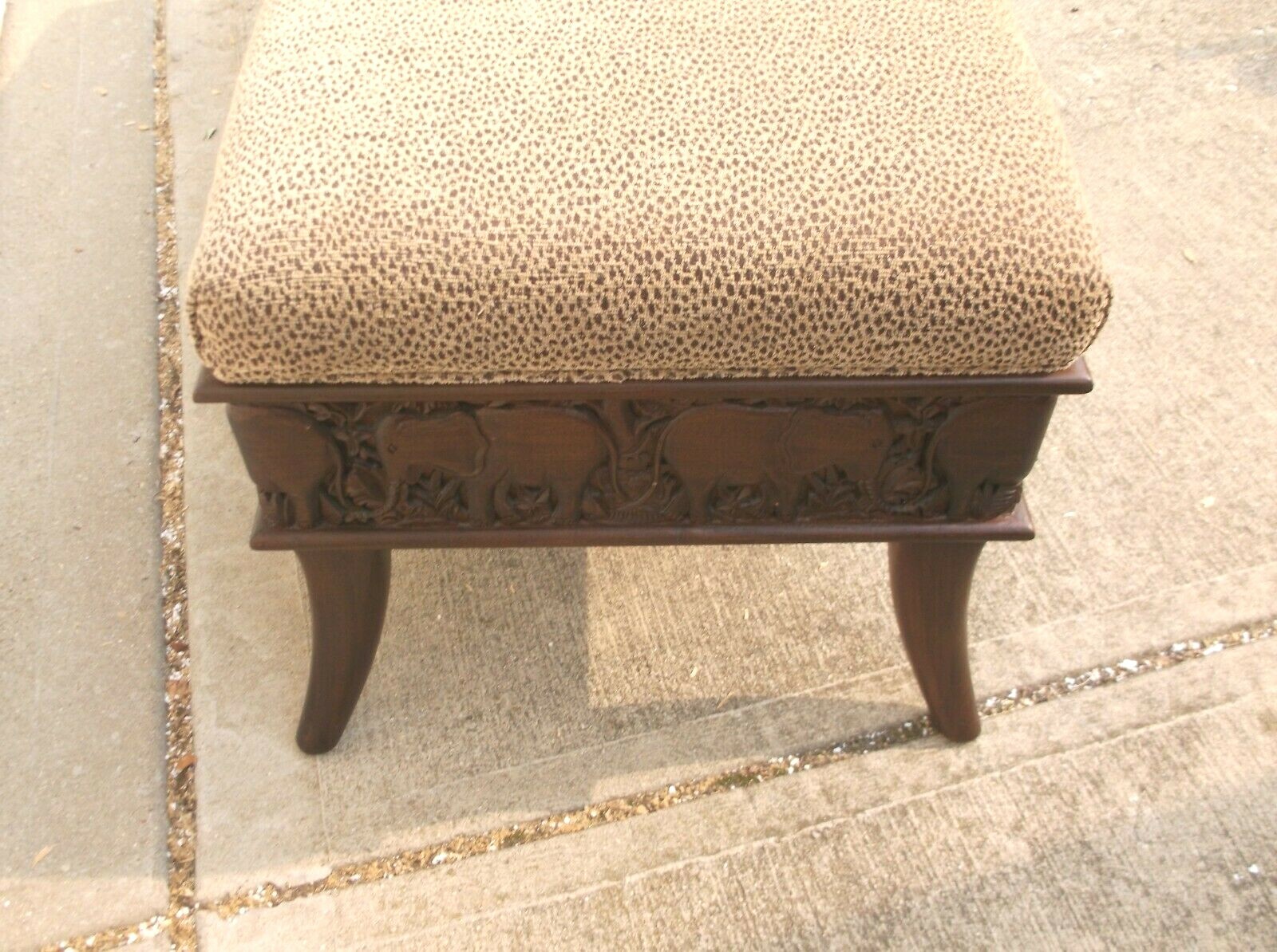 Sam Moore Wood Carved Elephant Motif Upholstered Bench