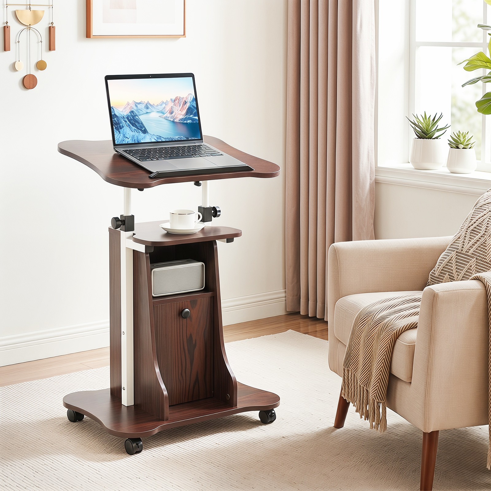 Mobile Podium Stand, Height Adjustable Laptop Cart w/Tilting Top Storage Cabinet