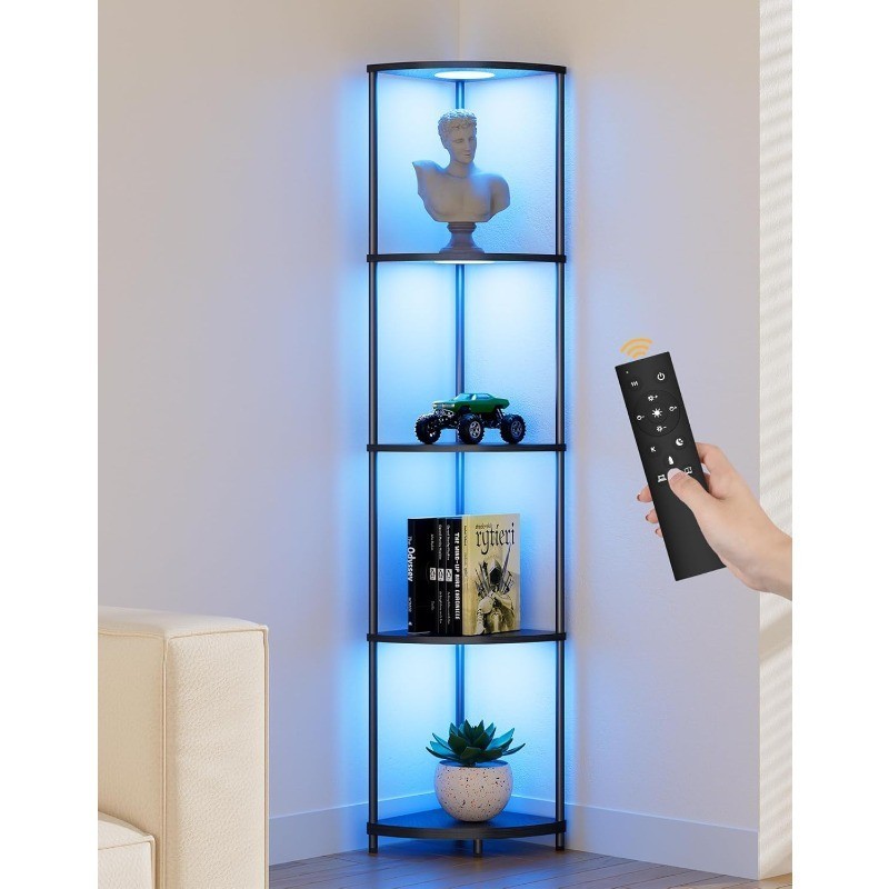 Corner Shelf with RGBCW LED Light 64.5” Tall Floor Lamp Narrow Bookshelf New