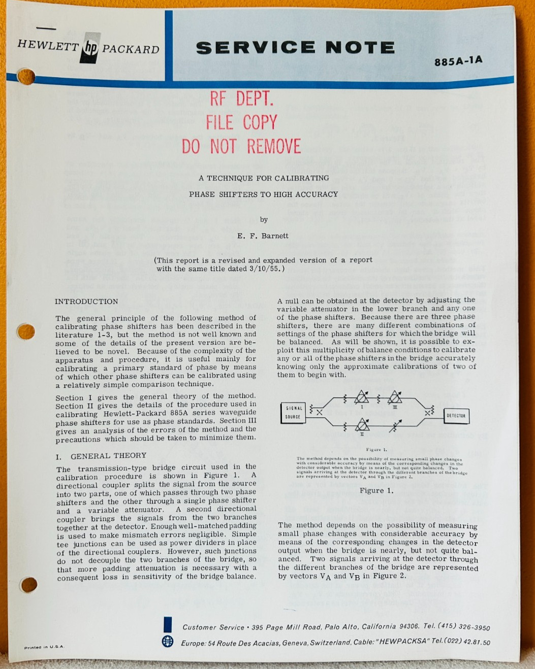 HP 885A-1A Calibrating Phase Shifters to High Accuracy Service Note