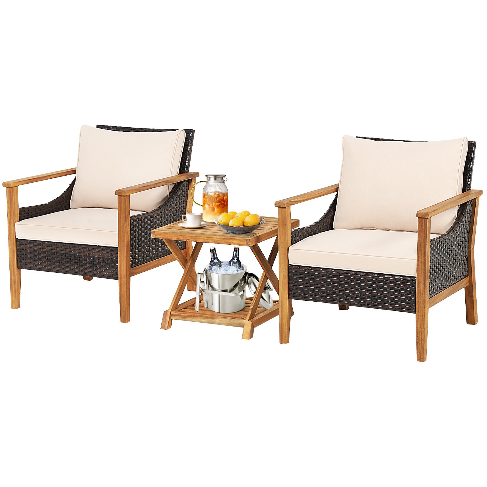 Topbuy 3 Pieces PE Wicker Patio Bistro Set Outdoor Acacia Wood Conversation Set