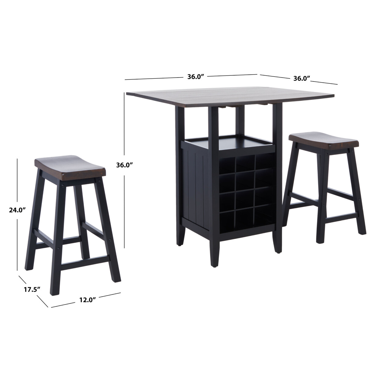 SAFAVIEH Casey 3 Pc Set Drop Leaf Pub Table | Brown / Black |