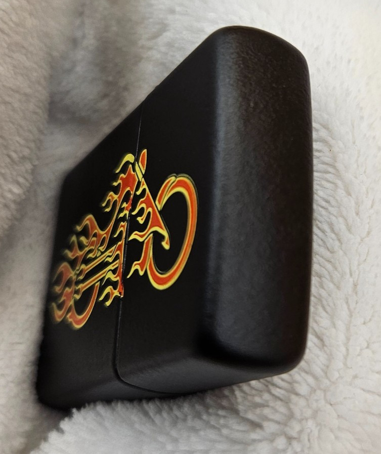 Zippo Lighter 2004 Flaming Motorcycle, Black Matte, New