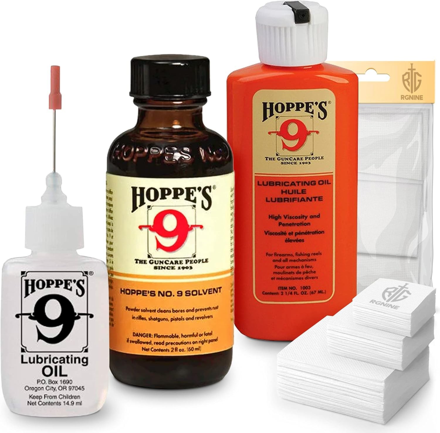 Gun Cleaning Kit: Solvent, Oil, Patches. For 9mm, .45, .40, .44 Caliber Guns