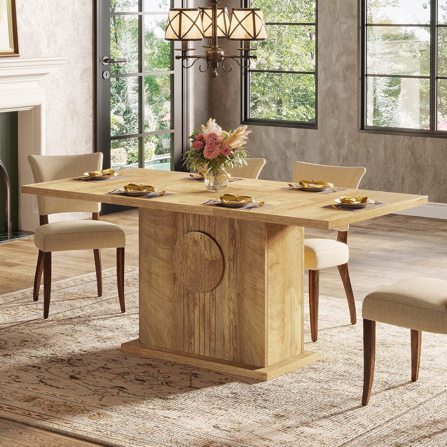 55" Rectangular Dining Table 4 to 6 People Farmhouse Wood Dinner Table Kitchen