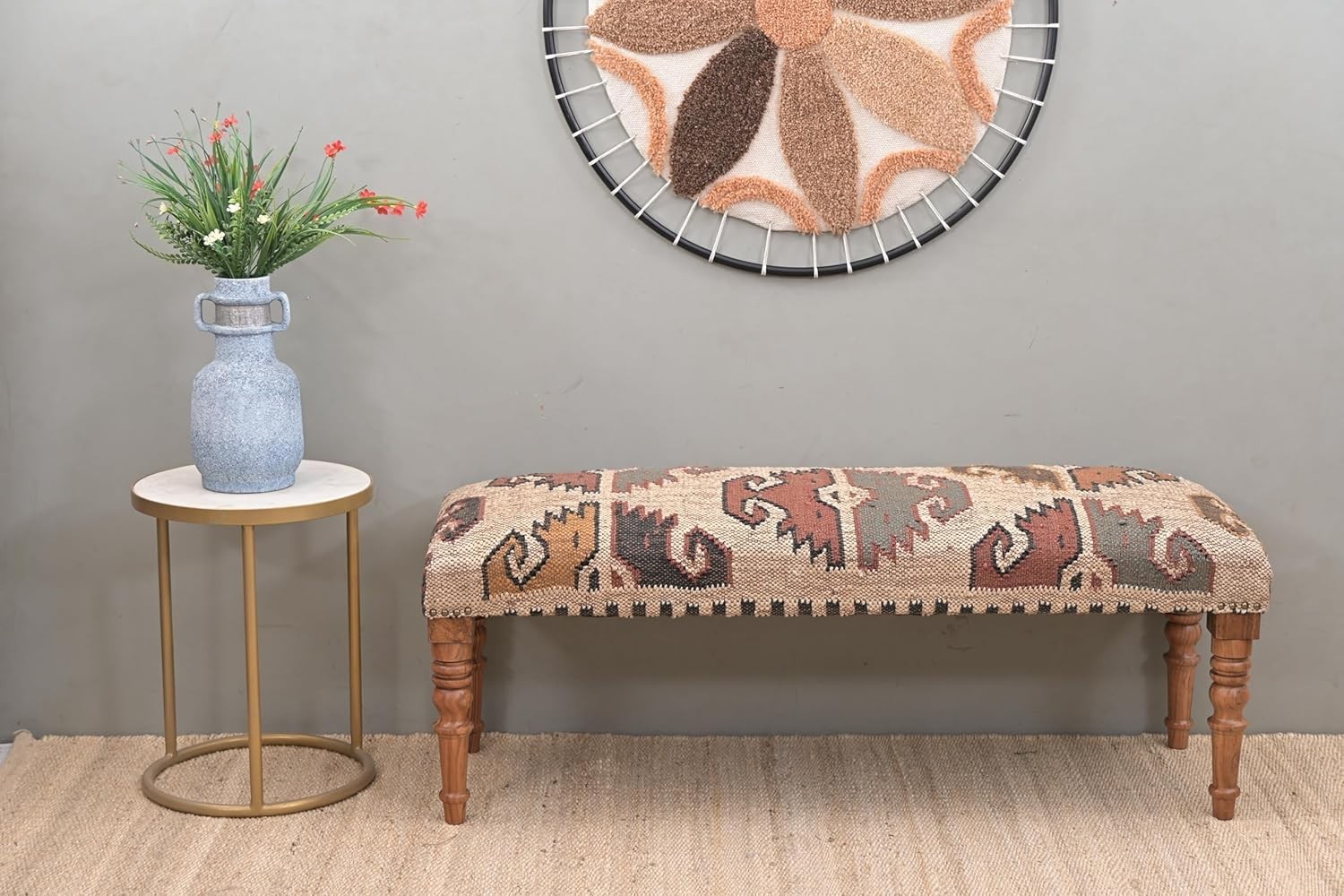 NATURAL FURNISH Acacia Wood Kilim Jute Upholstered Bench Ottoman for Home-Patch