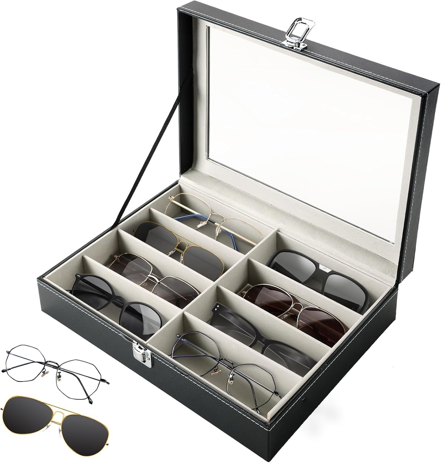 Organizador Gafas 8 Ranuras Cuero Sintetico Negro Caja Mostrar Gafas Tapa