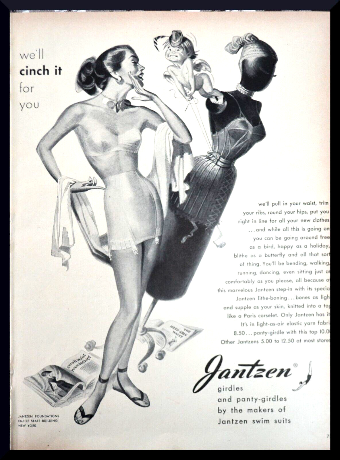 Jantzen Girdle PETE HAWLEY PINUP We'll Cinch It for You ROUND HIPS 1947 Print Ad